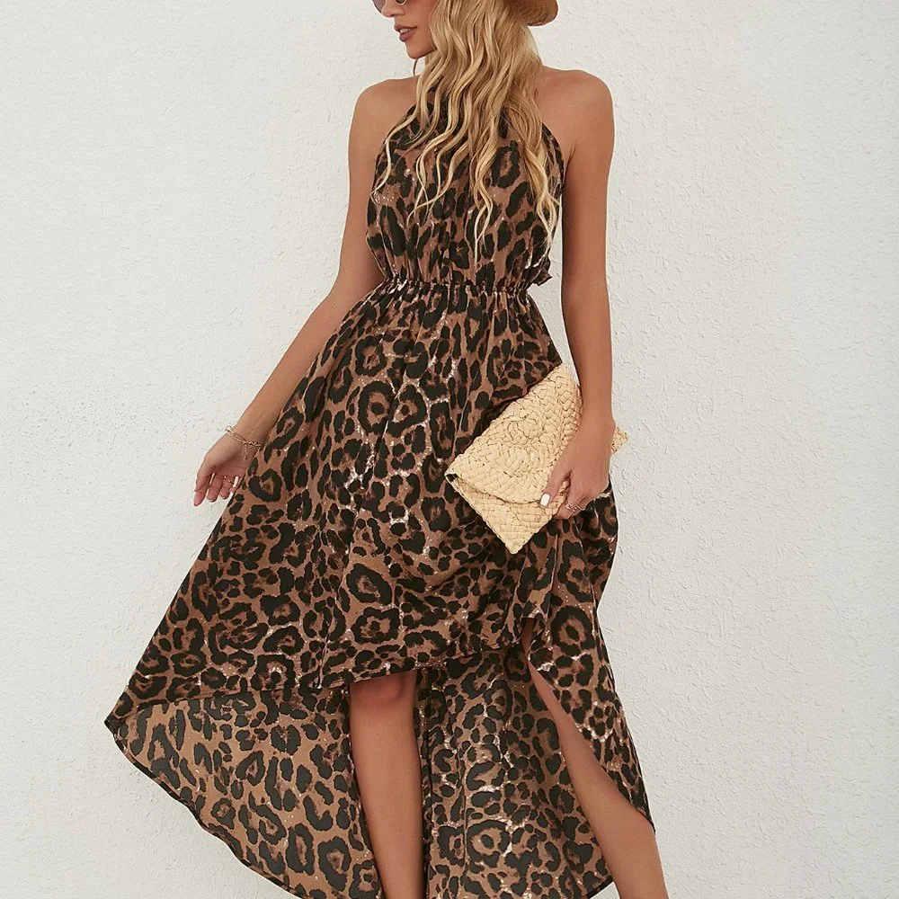 New Leopard Print Ruffle Tie Backless Asymmetrical Hem Halter Dress